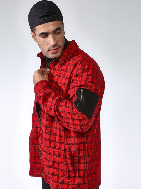 

Blue Saint Men Red & Black Checked Bomber Jacket