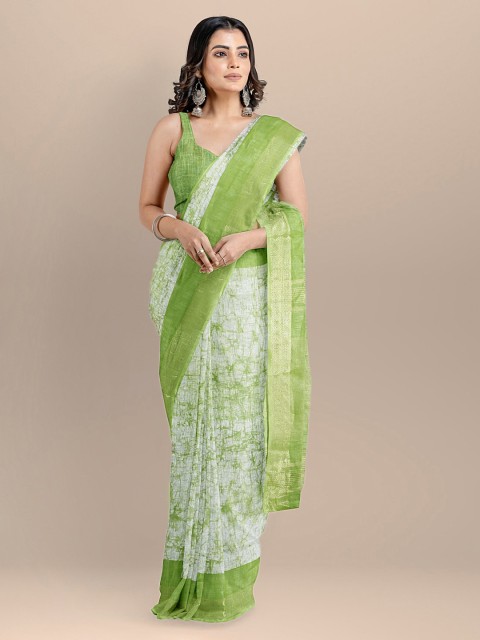 

BharatSthali Green Pure Linen Printed Narayan Peth Saree