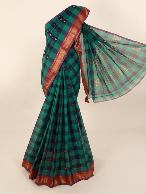 

Pothys Green & Blue Pure Cotton Checked Saree