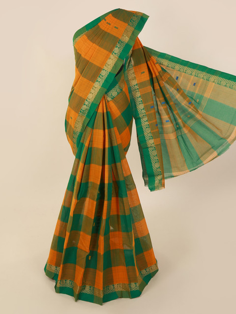 

Pothys Green & Orange Pure Cotton Checked Saree