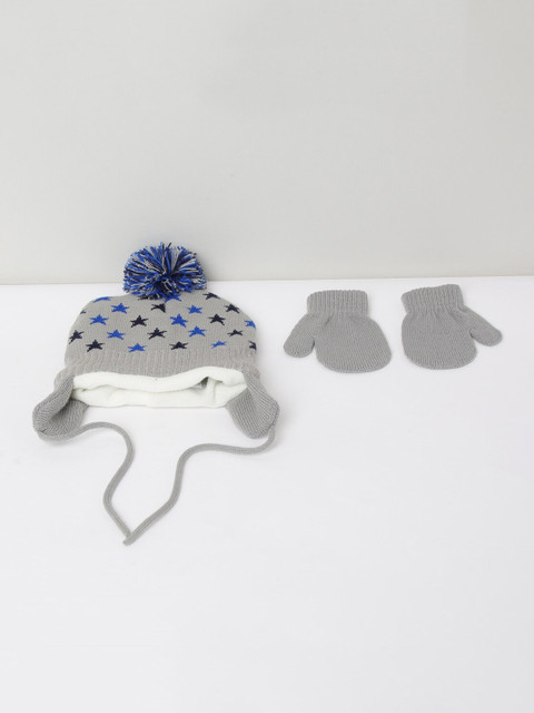 

max Boys Grey & Blue Printed Beanie With Mittens
