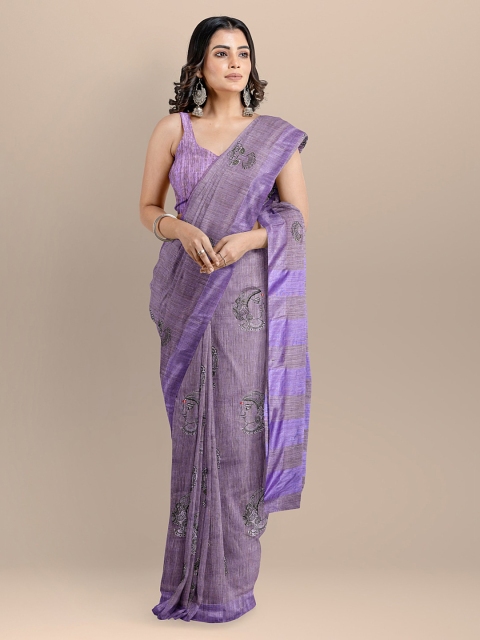 

BharatSthali Purple Color Silk Cotton Embroidered Kalamkari Handloom Saree