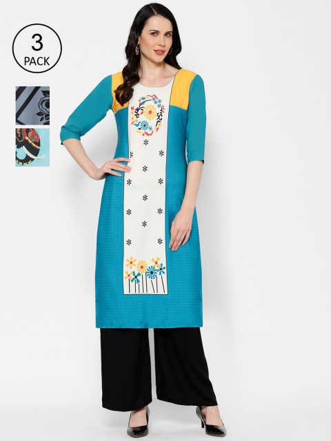 

7Threads Women Multicoloured & Blue Printed Straight Kurta Pack of 3, Multi