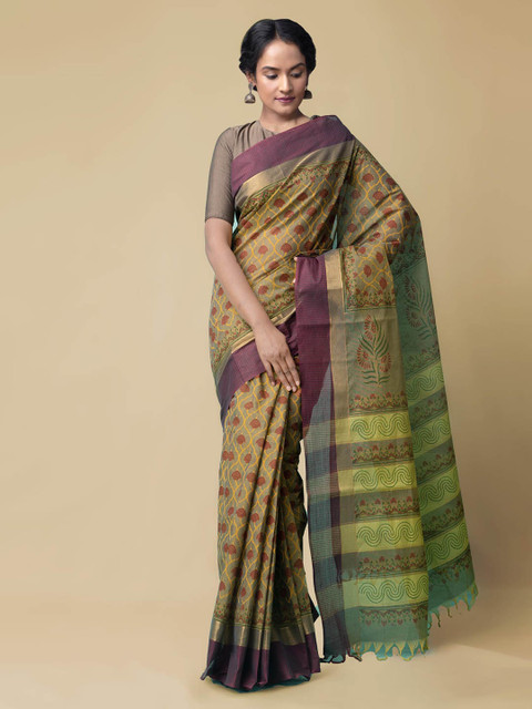 

Unnati Silks Olive Green & Purple Pure Cotton Printed Handloom Mangalagiri Saree