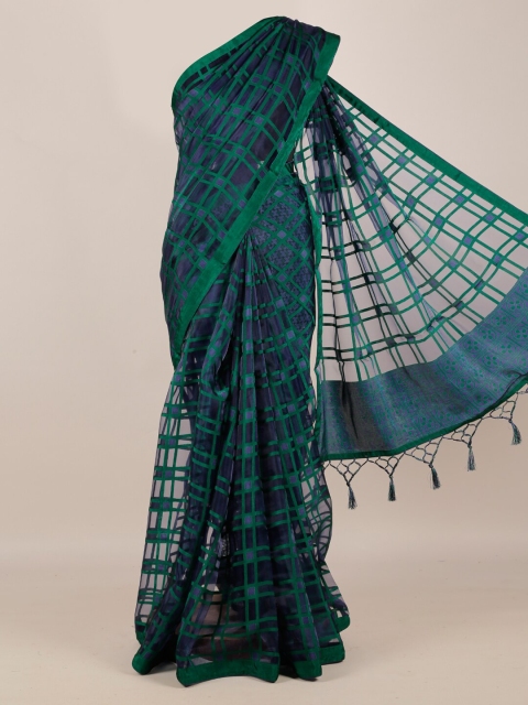 

Pothys Navy Blue & Green Jute Silk Checked Saree