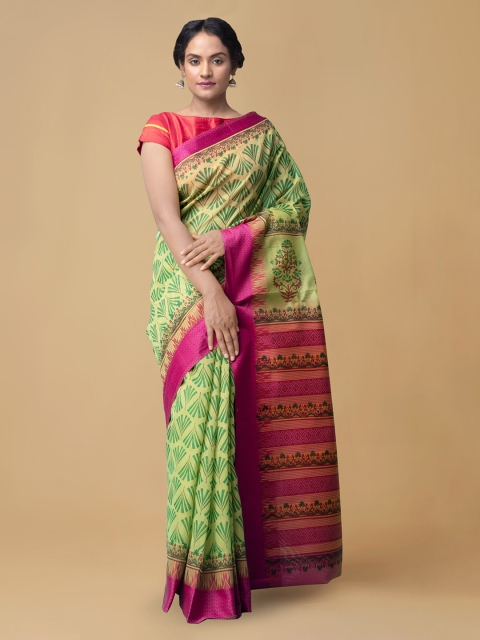 

Unnati Silks Green & Pink Silk Cotton Printed Handloom Chanderi Saree