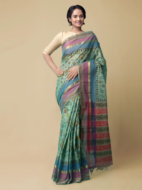 

Unnati Silks Green & Pink Pure Cotton Printed Mangalagiri Saree