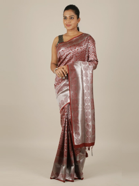 

Pothys Maroon & Silver-Toned Art Silk Woven Design Saree