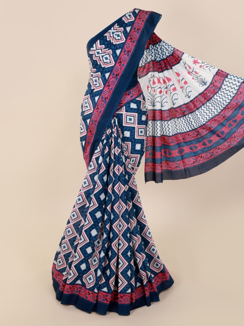 Pothys Navy Blue & Off-White Pure Cotton Printed Saree