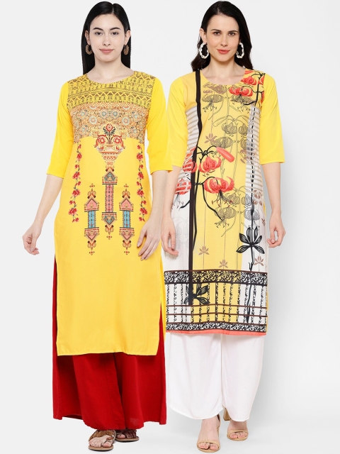 

7Threads Women Multicoloured & Yellow Printed Straight Kurta Pack of 2, Multi