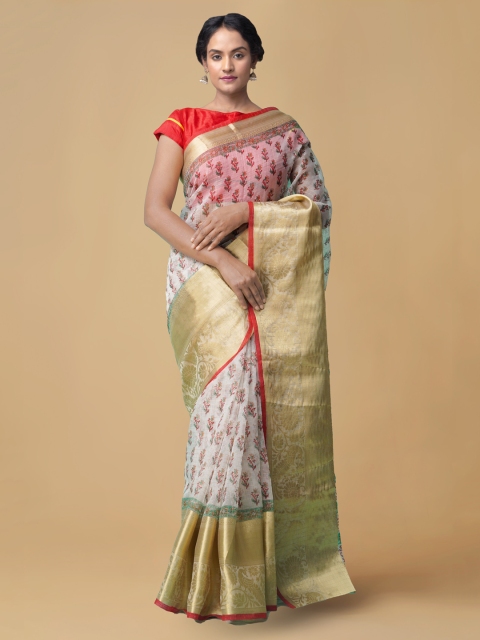 

Unnati Silks White & Red Organza Printed Chanderi Handloom Saree