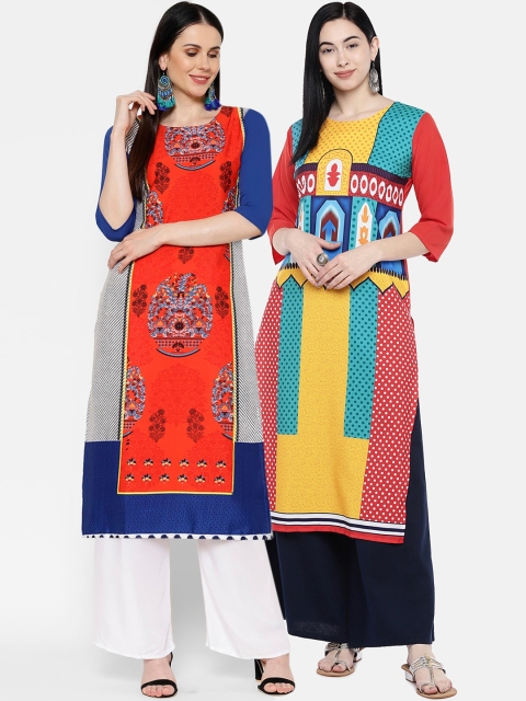 

7Threads Women Multicoloured & Orange Printed Straight Kurta Pack of 2, Multi