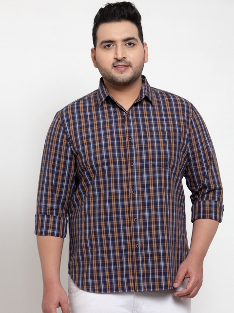 

plusS Men Navy Blue & Beige Regular Fit Checked Casual Shirt