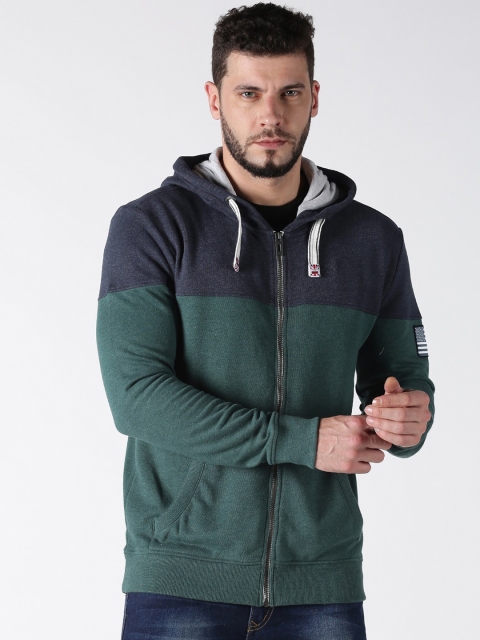 

UrGear Men Navy Blue & Green Hooded Colourblocked Sweatshirt