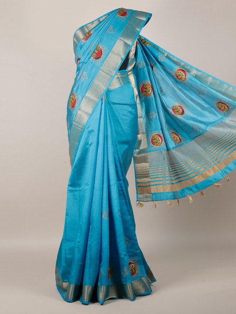 

Pothys Turquoise Blue & Silver-Toned Jute Silk Embroidered Saree with Jhalar Pallu