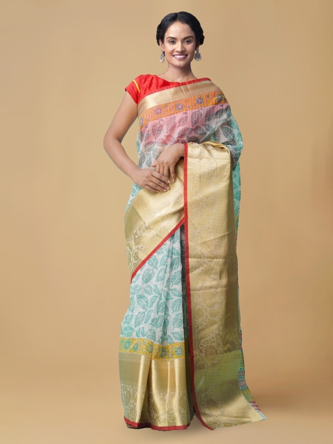 

Unnati Silks Cream-Coloured Organza Printed Chanderi Saree