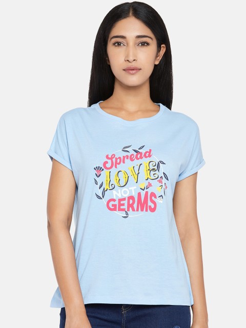 

People Women Blue Printed Round Neck Cotton Pure Cotton T-shirt
