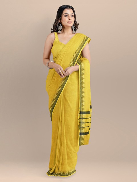 

BharatSthali Yellow Silk Cotton Solid Handloom Mangalagiri Saree