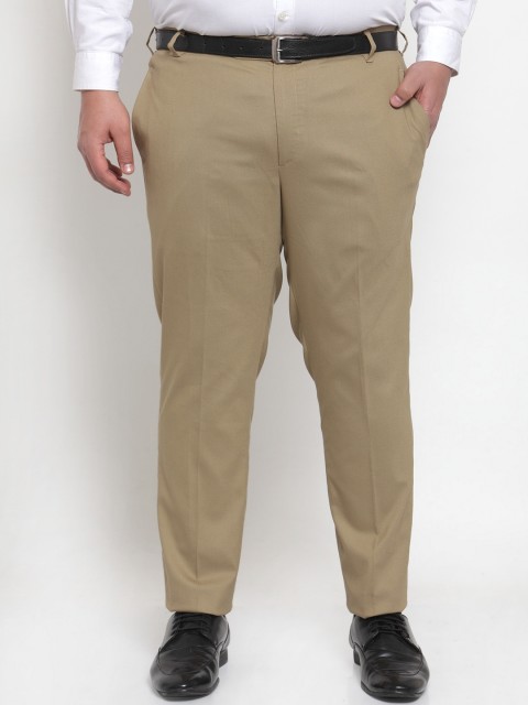 

plusS Men Beige Regular Fit Solid Plus Size Formal Trousers