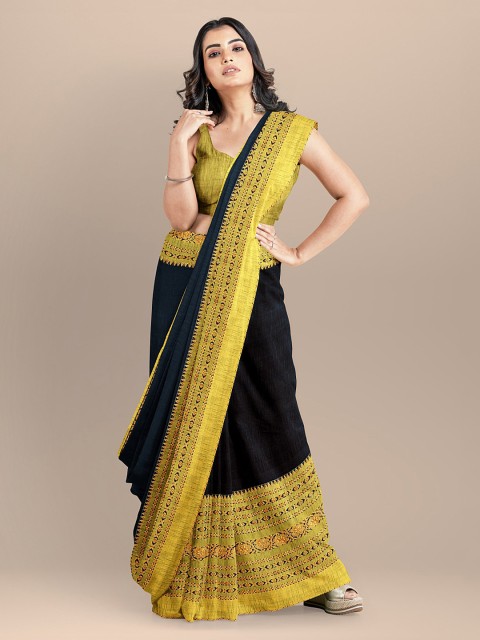 

BharatSthali Black Pure Cotton Solid Sambalpuri Saree