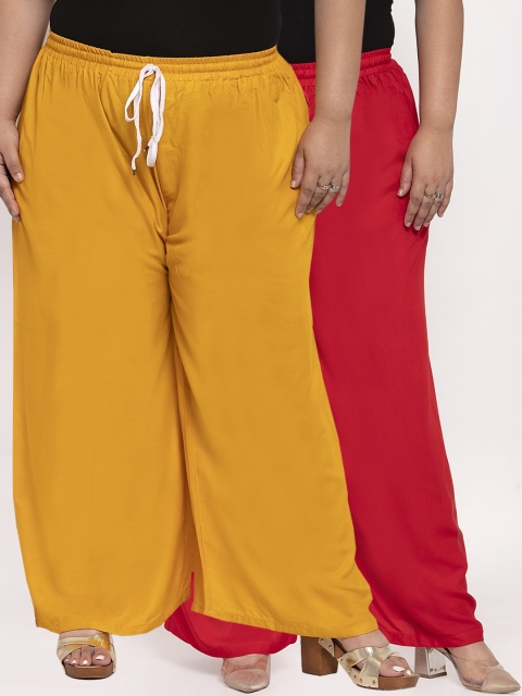 

TAG 7 PLUS Women Pack Of 2 Red & Yellow Solid Flared Palazzos