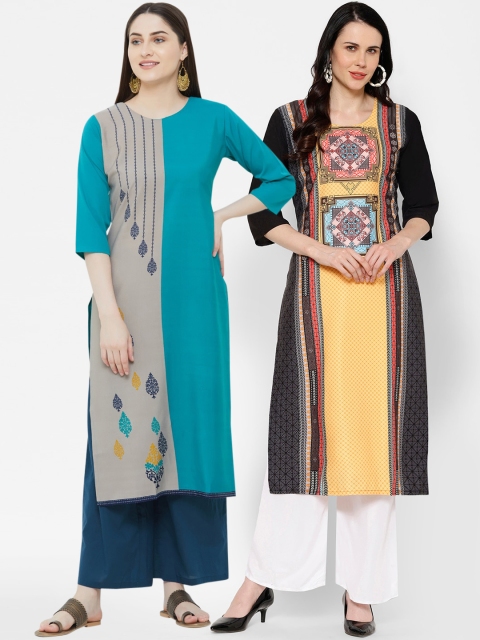 

7Threads Women Multicoloured Printed Straight Kurta Pack Of 2, Multi