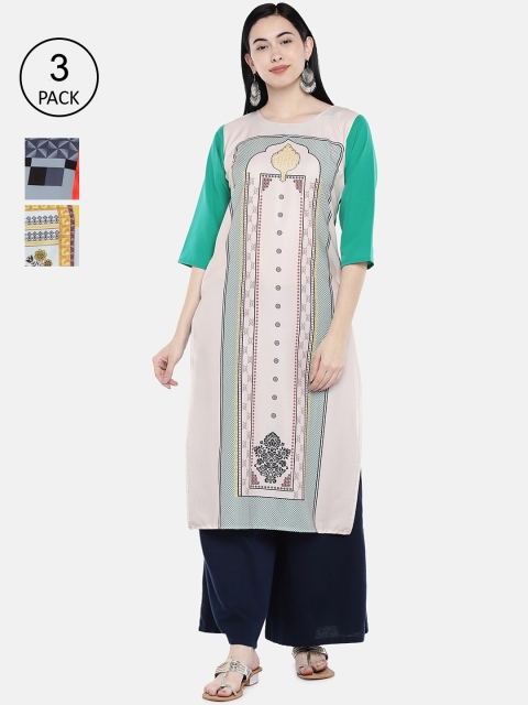 

7Threads Women Multicoloured & Grey Printed Straight Kurta Pack of 3, Multi