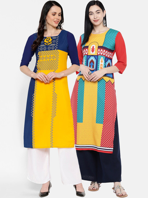 

7Threads Women Multicoloured Printed Straight Kurta Pack of 2, Multi