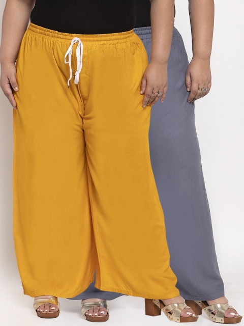 

TAG 7 PLUS Women Pack of 2 Grey & Yellow Solid Flared Palazzos