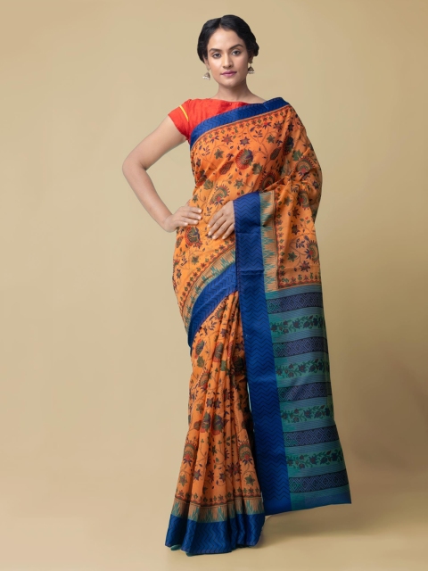 

Unnati Silks Orange & Blue Silk Cotton Printed Handloom Chanderi Saree