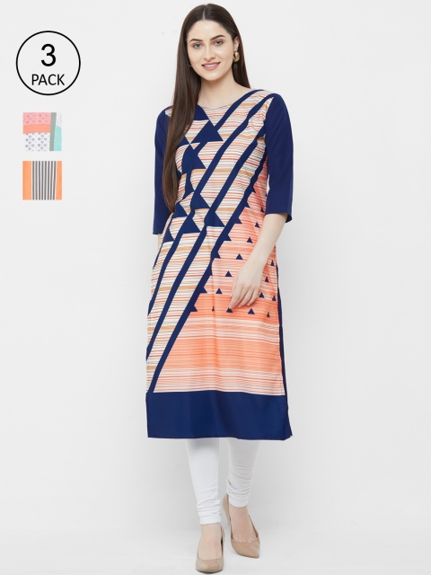

7Threads Women Multicoloured & Coral Printed Straight Kurta Pack of 3, Multi