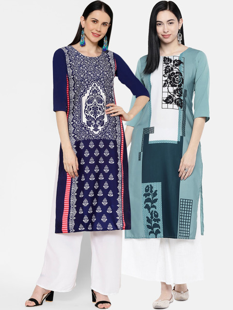 

7Threads Women Multicoloured & Black Printed Straight Kurta Pack of 2, Multi