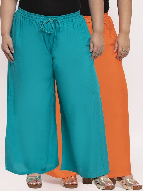 

TAG 7 PLUS Women Pack Of 2 Orange & Teal Blue Solid Flared Palazzos