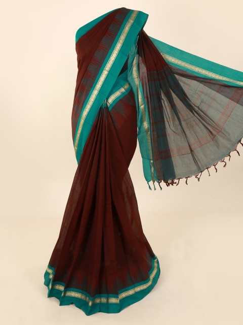 

Pothys Coffee Brown & Sea Green Pure Cotton Solid Saree