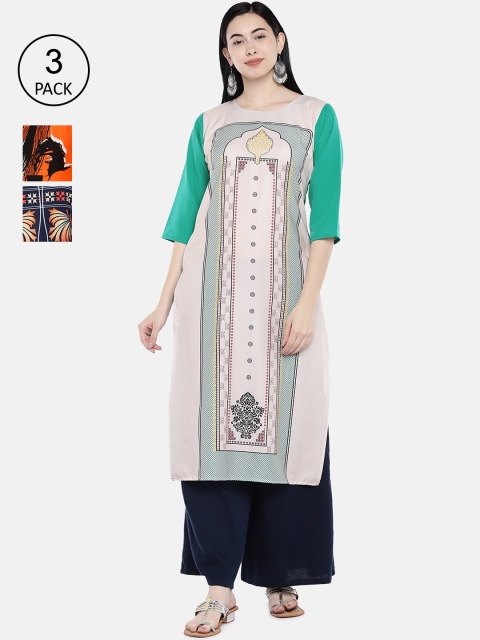 

7Threads Women Multicoloured Printed Straight Kurta Pack of 3, Multi