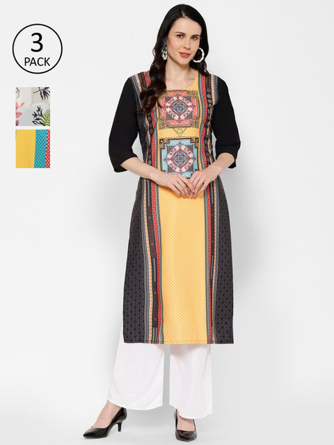 

7Threads Women Multicoloured Printed Straight Kurta Pack Of 3, Multi