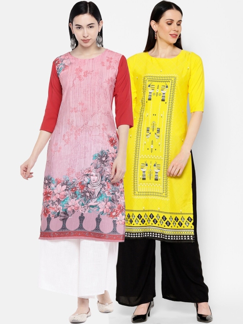 

7Threads Women Multicoloured & Pink Printed Straight Kurta Pack of 2, Multi