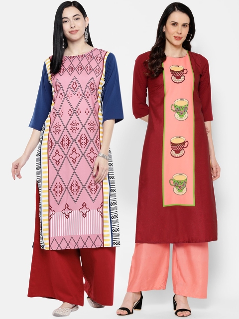 

7Threads Women Multicoloured Printed Straight Kurta Pack Of 2, Multi
