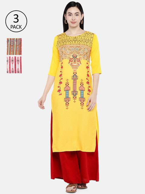

7Threads Women Multicoloured Printed Straight Kurta Pack Of 3, Multi