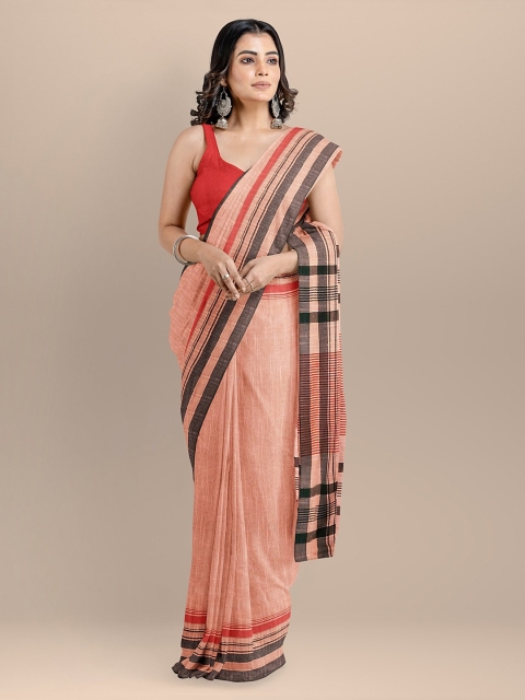 

BharatSthali Peach-Coloured & Black Pure Cotton Solid Handloom Maheshwari Saree