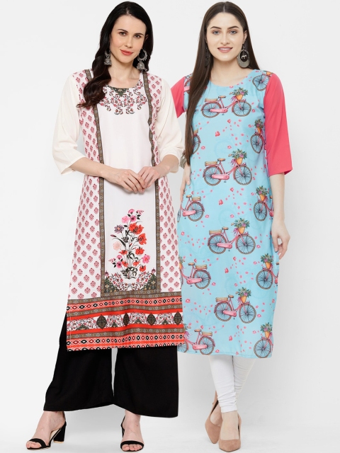 

7Threads Women Multicoloured Printed Straight Kurta Pack of 2, Multi