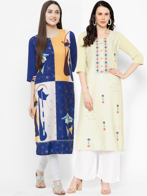 

7Threads Women Multicoloured Printed Straight Kurta Pack of 2, Multi