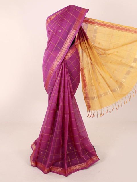 

Pothys Pink & Gold-Toned Pure Cotton Checked Saree