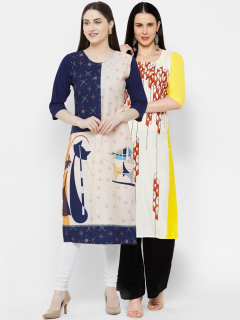 

7Threads Women Multicoloured & Blue Printed Straight Kurta Pack of 2, Multi