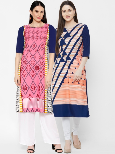 

7Threads Women Multicoloured & Pink Printed Straight Kurta Pack of 2, Multi