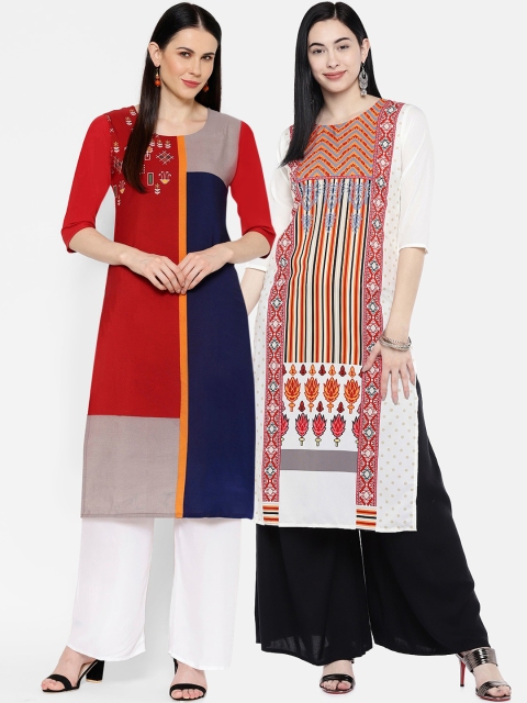 

7Threads Women Multicoloured & Red Printed Straight Kurta Pack of 2, Multi