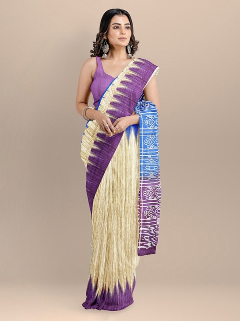 

BharatSthali Beige & Violet Pure Silk Solid Handloom Sambalpuri Saree