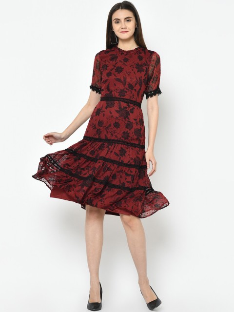 

Latin Quarters Women Maroon Printed A-Line Dress
