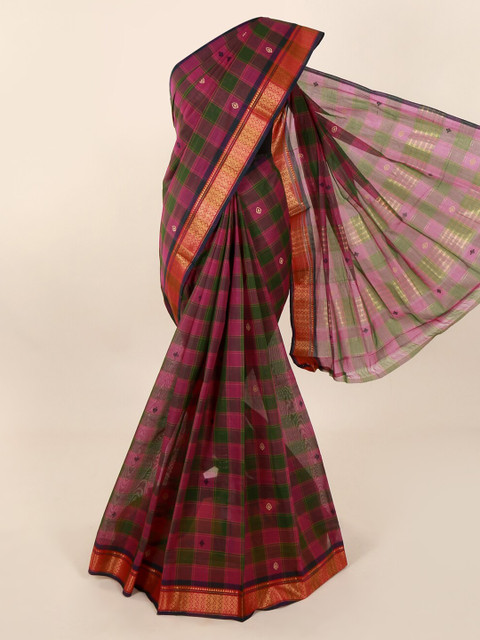 

Pothys Magenta & Green Pure Cotton Checked Saree