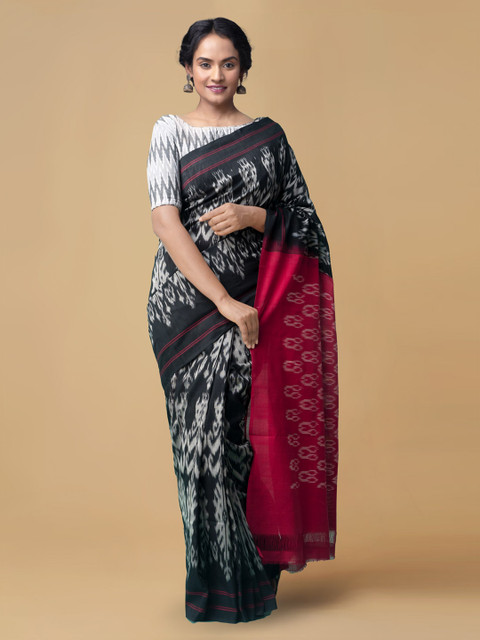 

Unnati Silks Black & Red Pure Cotton Printed Pochampally Saree